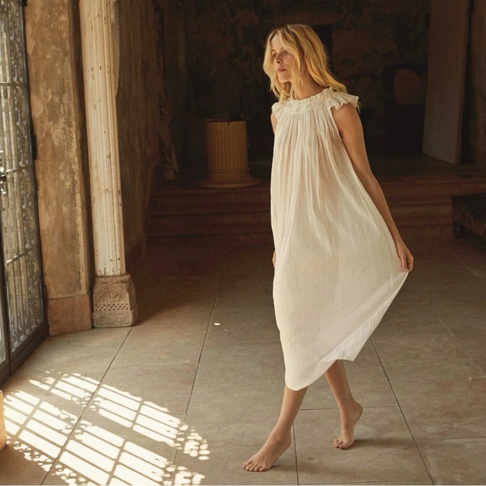 Doen Lovisa Cotton Voile Ruffle Smocked Short Sleeve Midi Nightgown Dress Salt